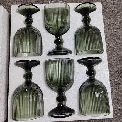 Water Goblets set of 6 Vintage Glassware 13 oz Colored Wine Glass Drinking Glass Vertical Line Embossed Pattern Stemmed Cups for Wedding Party Bar Grey