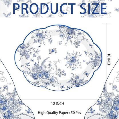 50 Pcs Blue Floral Oval Plates 10" x 12" Large Blue and White Floral Scalloped Plates Disposable Heavy Duty Vintage Flower Dessert Platters for Wedding Bridal Shower Decorations Tea Party Supplies