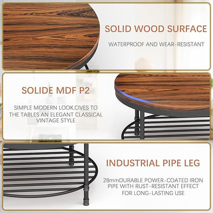 NSdirect 36" Round Coffee Table with Storage Shelf, Dark Grey Brown Vintage Wood Top & Metal Legs - 18.5" Height End Table for Small Spaces (Dark Red Brown)