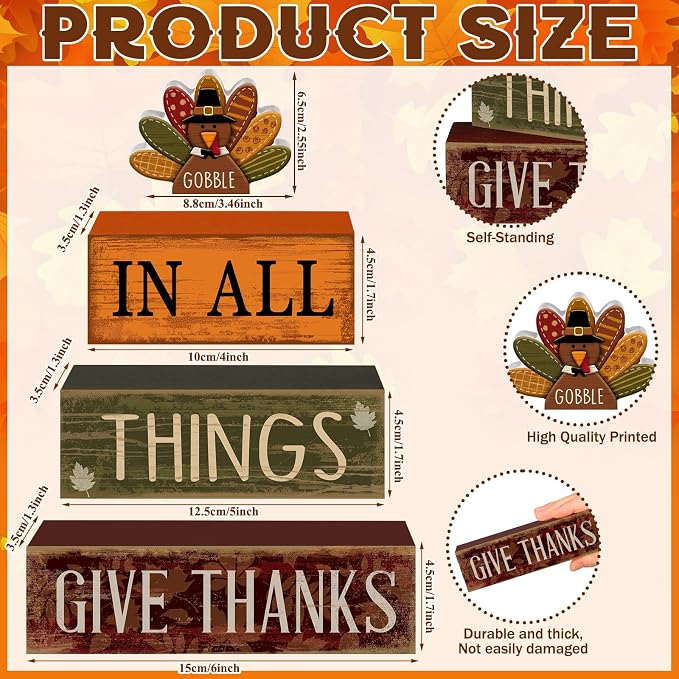 Moucuny 4 Pcs Fall Decorations for Home Wooden Turkey Decor Thanksgiving Tiered - Image 2