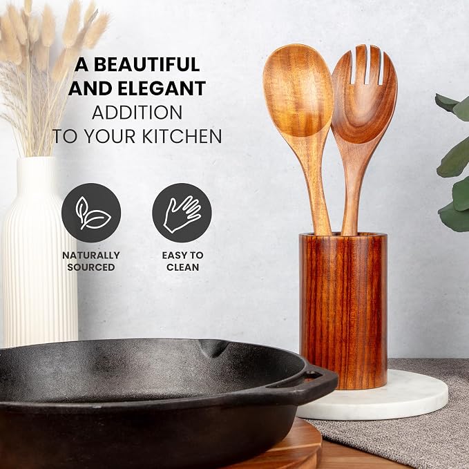 Zulay Kitchen Teak Wood Utensil Set – 2 Piece Large Wooden Salad Serving Spoon - Image 5