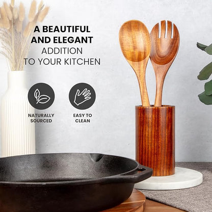Zulay Kitchen Teak Wood Utensil Set – 2 Piece Large Wooden Salad Serving Spoon - Image 5