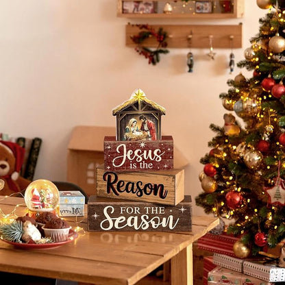 Moucuny 4 Pcs Christmas Table Decoration Christian Wooden Stacked Block - Image 6