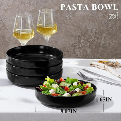E-far Stoneware Pasta Bowls Set of 4, 35oz Double Reactive Black Glaze | Wide & - Image 2