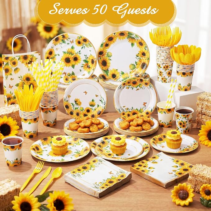 450 Pcs Sunflower Birthday Tableware Set Decorations, Serves 50 | Floral Paper - Image 6