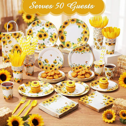 450 Pcs Sunflower Birthday Tableware Set Decorations, Serves 50 | Floral Paper - Image 6