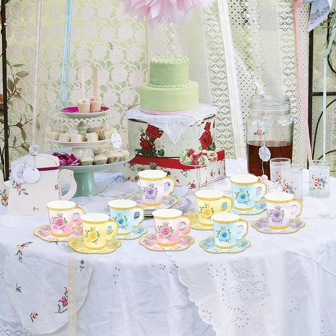 24 Sets Floral Paper Tea Cups and Saucers Disposable Tea Party Supplies - Image 7