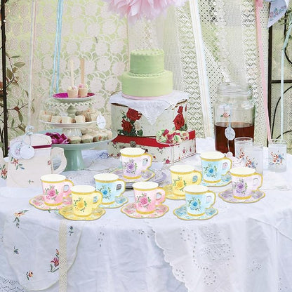 48 Sets Floral Paper Tea Cups and Saucers Disposable Tea Party Supplies - Image 7