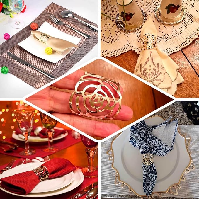 Efavormart 4 Pack | Shiny Gold Laser Cut Rose Metal Cuff Napkin Rings, - Image 5