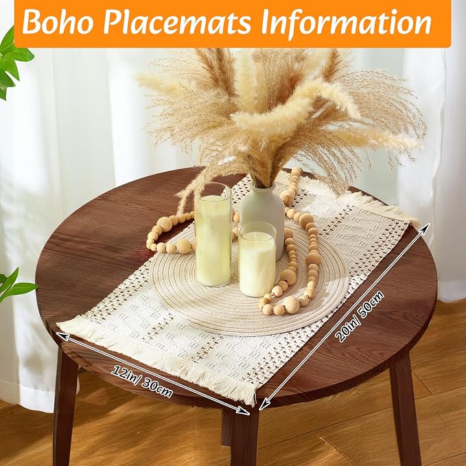 6 Sets Boho Decoration Placemats Round Woven Placemats, Cloth Napkins, Wood - Image 3