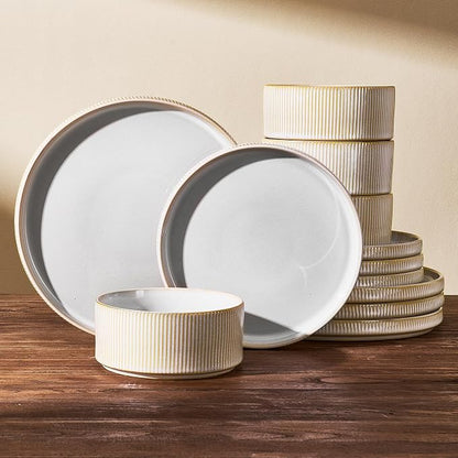 Stoneware Dinnerware Set for 4, Cappuccino White Dishes | 12 pcs Ceramic Plates by FamiwarePremium