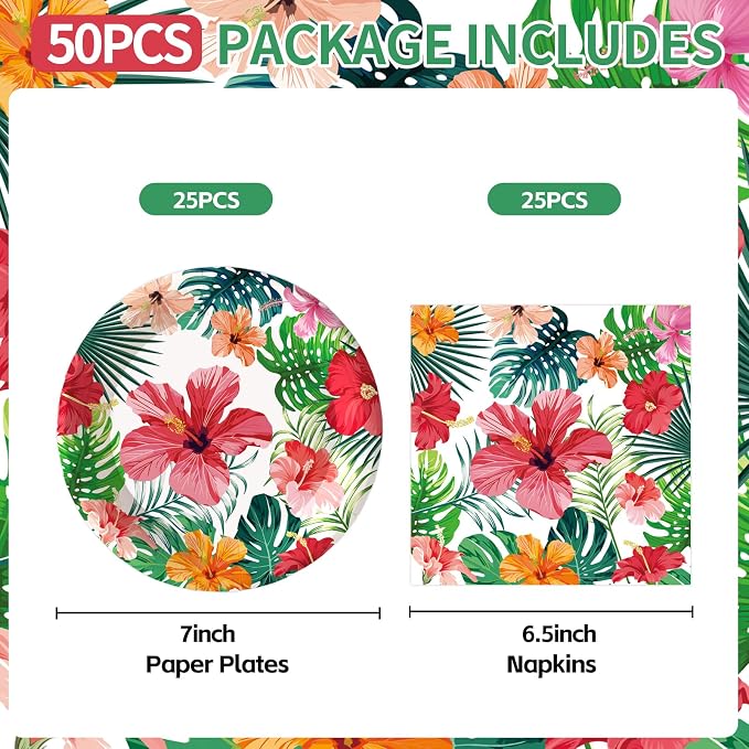 50PCS Hawaiian Luau Paper Plates and Napkins Party Decorations, 7inch - Image 3
