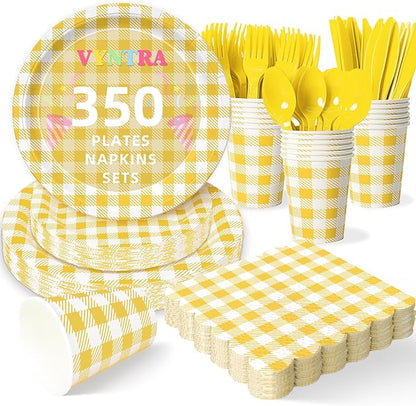 Vyntra 350 Pcs Yellow & White Checkered Gingham Paper Plates and Napkins Set by PartyTablewareSupplies