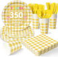 Vyntra 350 Pcs Yellow & White Checkered Gingham Paper Plates and Napkins Set by PartyTablewareSupplies