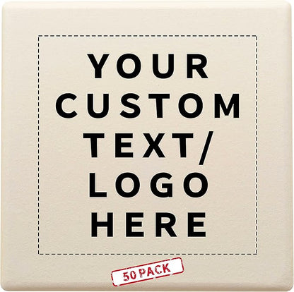 50 4" Square Ceramic Coasters Set - Customizable Text, Logo - Cork Bottom, Serve Ware - Natural