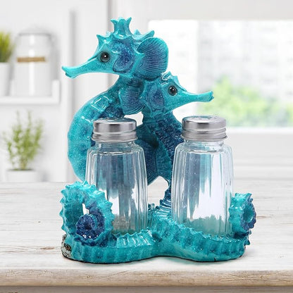 Hodao Seahorse With Salt and Pepper Shaker Figurines Decorations Set with Holder Figurine for Beach Bar or Tropical Kitchen Decor Table Decorations By Home Gifts (Seahorse-Blue)