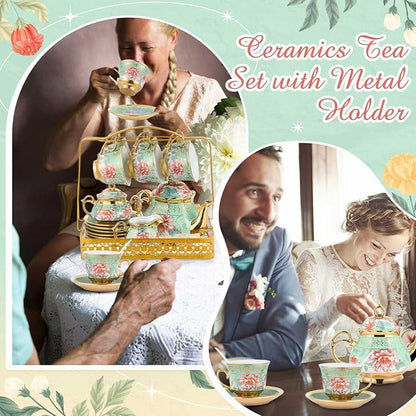 22 Pcs Porcelain Tea Set with Metal Holder, Vintage European Floral Tea Set - Image 5