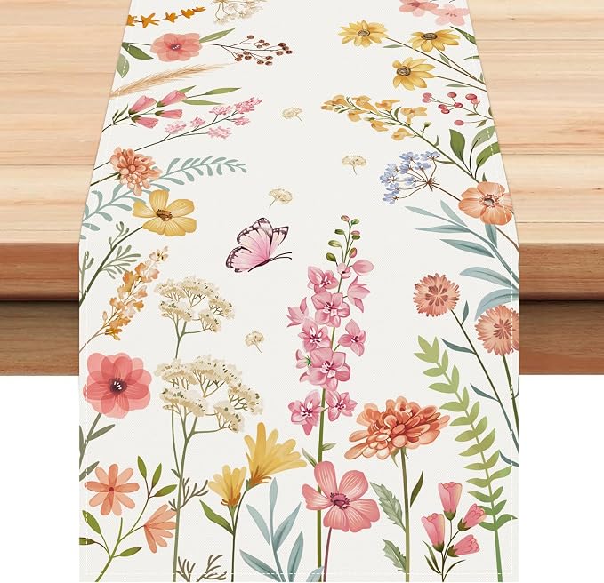 Bonhause Spring Floral Table Runner 13x90 Inch Pink Flowers Green Leaves by Bonhause