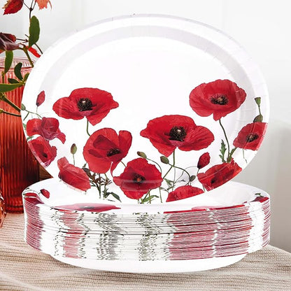 50Pcs Poppy Floral Oval Paper Plates 10" x 12" Large Disposable Heavy Duty Spring Poppies Dessert Platters Watercolor Red Flowers Dinner Plates for Seasonal Bridal Shower Tea Garden Party Supplies