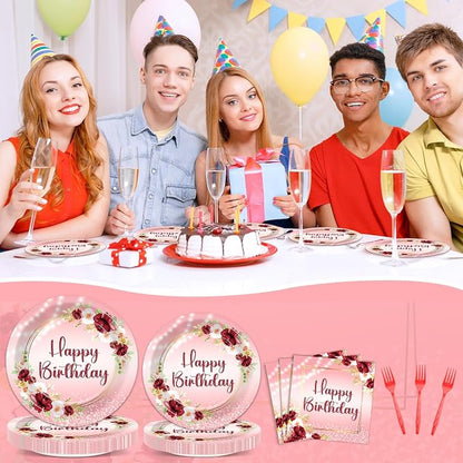 96Pcs Burgundy Birthday Party Supplies Burgundy Floral Paper Plates Napkins - Image 6