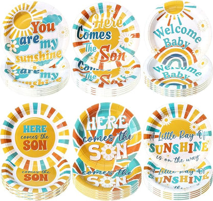 Gerrii 60 Pcs Here Comes the Son Baby Shower Party Plates Boho7 Inch Sun by Gerrii