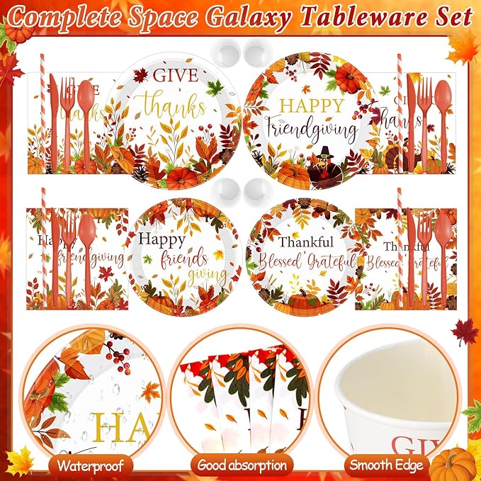 450 Pcs Happy Friendsgiving Tableware Set Decorations, Serves 50 | Fall - Image 3