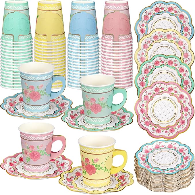 FillTouch 100 Sets Floral Paper Tea Cups and Saucers Disposable Paper Tea Party by FillTouch