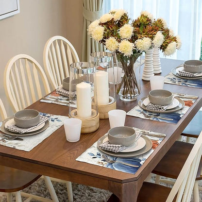Fall Placemats Set of 4 Blue Orange Pumpkin Leaves Decor Place Mats 12x18 Inch Autumn Leaf Harvest Thanksgiving Decorative Linen Table Mats for Home Kitchen Dining Party Table Decoration
