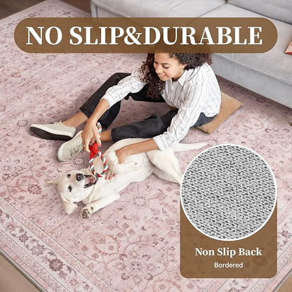 MontVoo-Vintage Area Rug 9X12 Pink Rugs for Living Room-Soft Distressed Printed Rugs for Bedroom-Non Slip Carpet-Machine Washable Rug for Dining Room Living Room Bedside Office