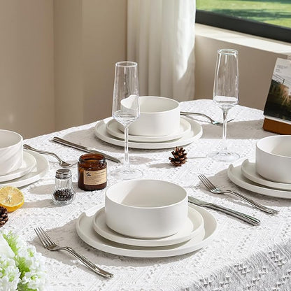 GZG Classic Series - Plates and Bowls Set for 8, 24 Piece Stoneware Dinnerware Sets, Microwave and Dishwasher Safe Lead-Free Handcrafted Ceramic Dishes Set - Ivory White