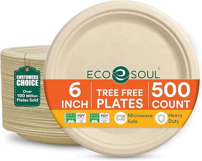 ECO SOUL Compostable Paper Plates 6 Inch (500 Count) Plates for Dessert, Heavy Duty, Eco-Friendly Sugarcane Bagasse Small Plates For Appetizer- Natural Brown