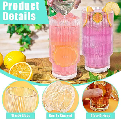 4 Pack Ribbed Drinking Glasses,Ribbed Glassware,11oz Ribbed Glass Cups,Clear Cocktail Drinking Glasses Vintage Fluted Glassware for Whiskey Beer Juice Cocktail Water