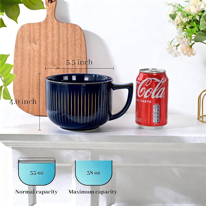 38oz Blue Ceramic Soup Mug, Large Soup Bowl - Image 2