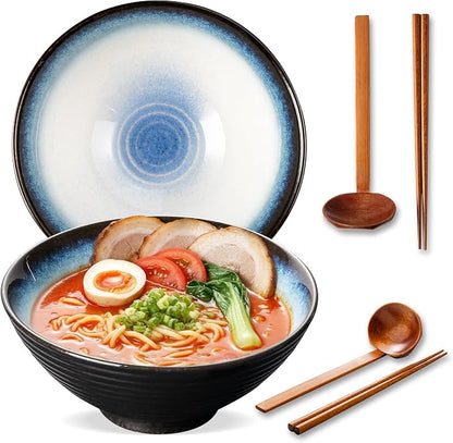 8 Inch Ceramic Ramen Bowl Set of 2, 40oz Japanese Bowls by ArtifexCeram