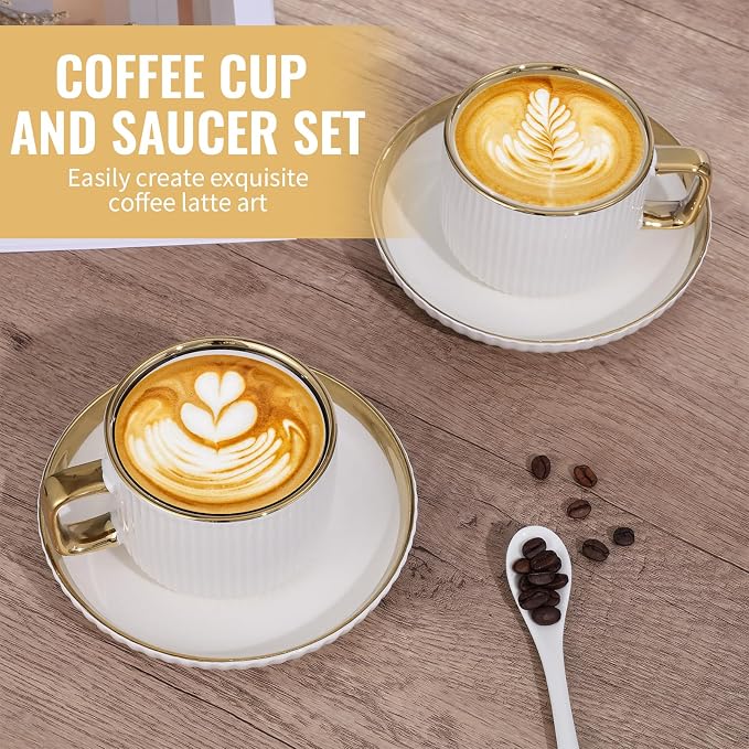 8.5oz Cappuccino Cups with Saucers Set of 6, Ceramic Coffee Cup and Saucer with - Image 5