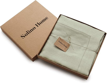 Solino Home Linen Sage Green Tablecloth 60 x 144 Inch - Classic Hemstitch, 100% Pure Linen Rectangular Tablecloth - Machine Washable Table Cloth for Winter, Spring, Easter, St Patricks Day