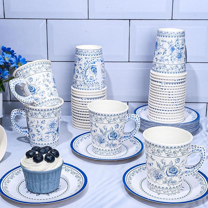 Whaline 80Pcs Blue White Floral Paper Tea Cups and Saucers Porcelain - Image 4