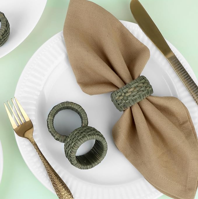 Artisan Cane Napkin Rings Set of 12, Earthy Woven Dinner Napkin Holders - Image 3