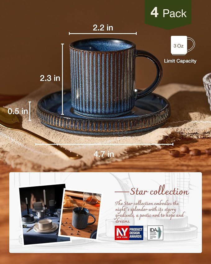 famiware 3oz Espresso Cups and Saucers, Nebulas Blue | Ceramic Small Coffee Mug - Image 6
