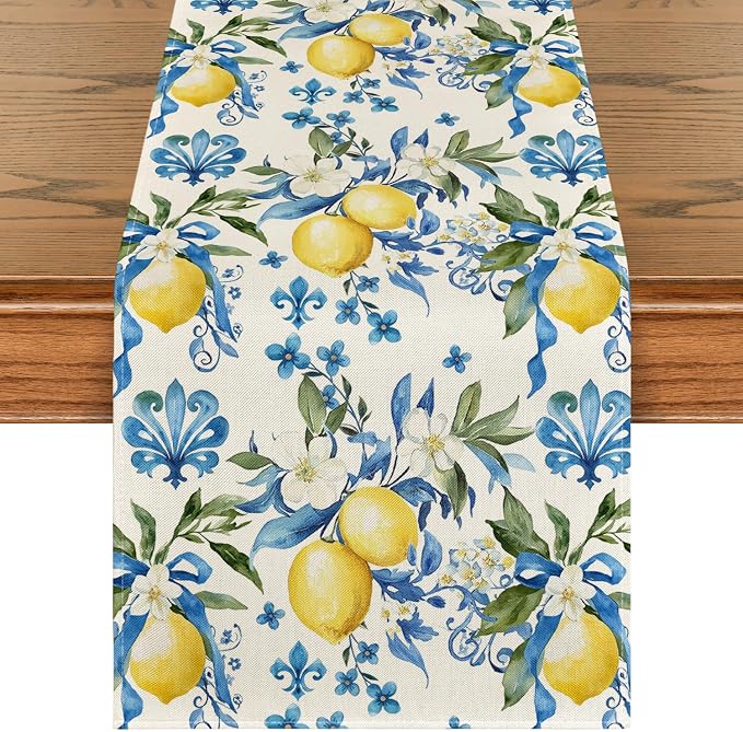 Artoid Mode Blue Lemon Iris Summer Table Runner, Seasonal Spring Kitchen Dining by ArtoidMode