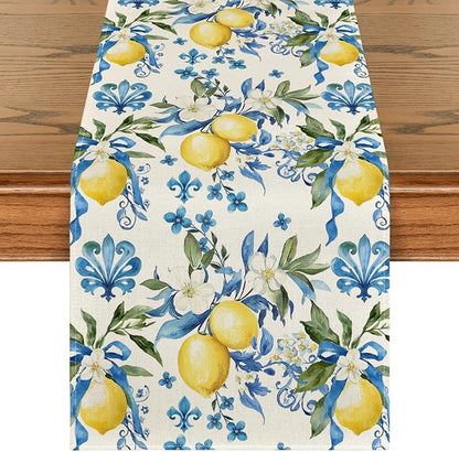 Artoid Mode Blue Lemon Iris Summer Table Runner, Seasonal Spring Kitchen Dining by ArtoidMode