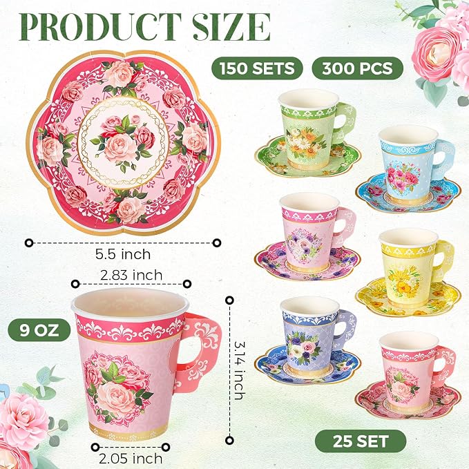 Nuogo 300 Pcs Floral Paper Tea Cups and Saucers 9 OZ Disposable Cups - Image 2