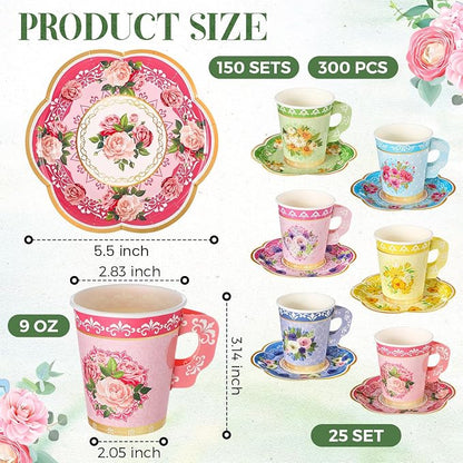 Nuogo 300 Pcs Floral Paper Tea Cups and Saucers 9 OZ Disposable Cups - Image 2