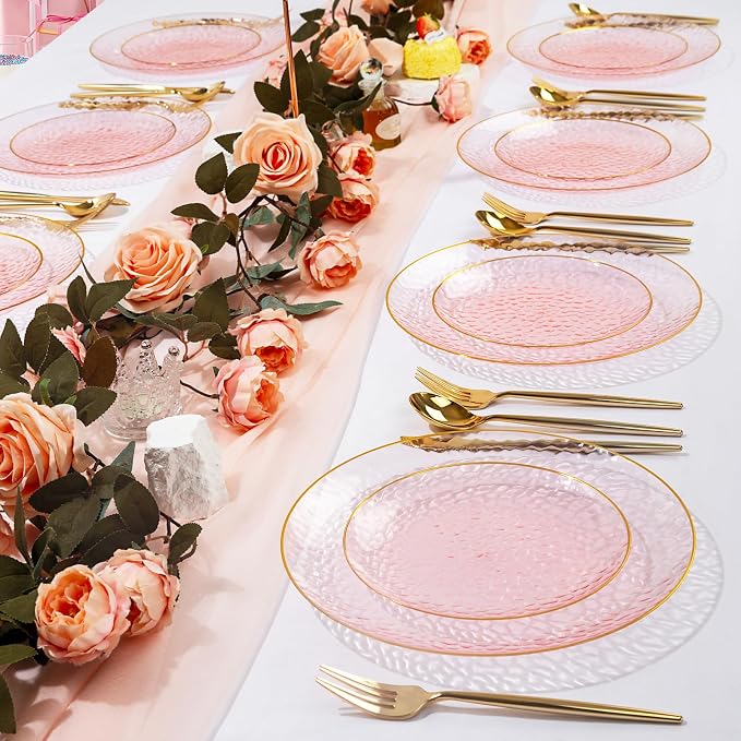 Rubtlamp 100 Pcs Pink And Gold Plastic Plates - Image 6