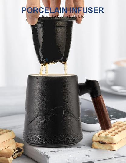 suyika Tea Cup with Infuser and Lid, 15.2 Ounce Wood Handle Ceramic Loose Leaf - Image 5