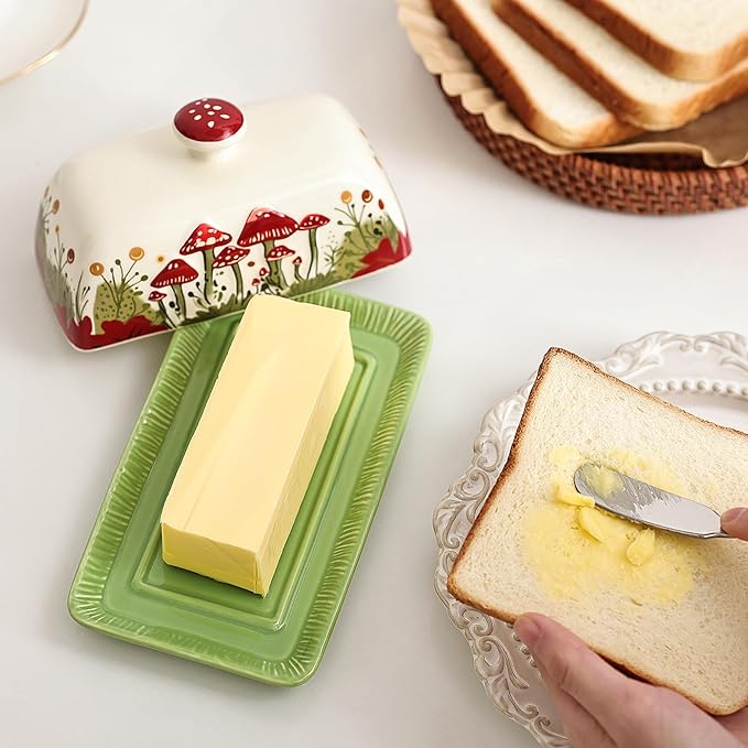 Fungi Fun Mushroom Butter Dish With Lid – Cute Cottagecore Ceramic Storage Container, Vintage French Covered Tray, Boho Farmhouse Kitchen Decor Gift, Unique Countertop Holder (White, Standard)