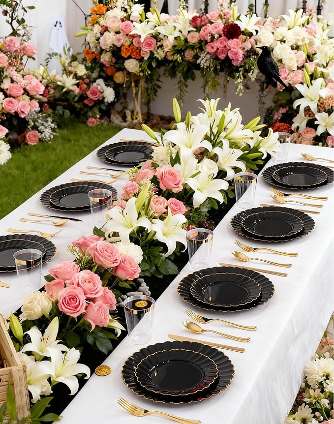 YOUBET 60PCS Black Scalloped Plastic Plates - Image 9