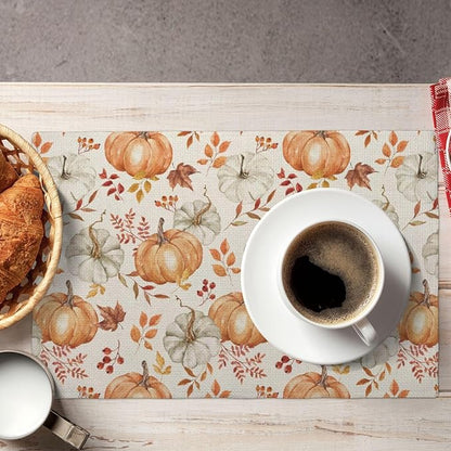 Fall Placemats Set of 4 Orange Grey Pumpkin Leaves Floral Decor Place Mats 12x18 Inch Autumn Leaf Harvest Thanksgiving Decorative Linen Table Mats for Home Kitchen Dining Party Table Decoration