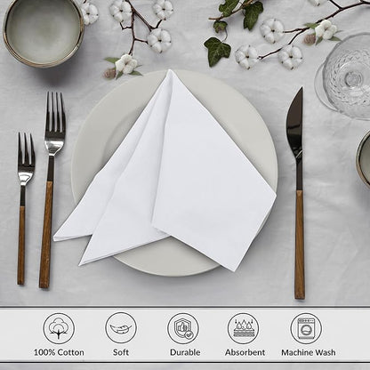 Ruvanti Cloth Napkins Set of 12, 18x18 Inches, 100% Cotton, Washable, Soft & Absorbent, Perfect for Wedding, Christmas, ‎Thanksgiving Dinners - White