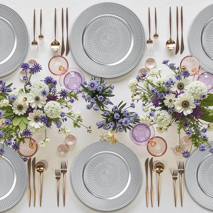 PROY 50 Pcs Silver Charger Plates Bulk, 13 Inch Silver Chargers for Dinner Plates Plastic Reusable Round Charger Platters for Table Setting, Wedding, Party, Event